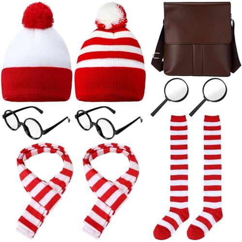 Geyoga 9 Pcs Couple Halloween Cosplay Set Adult Red White Striped Halloween Costumes Hat Glasses Socks Scarf Magnifier Bag for Men Women Holiday Outfit Suits