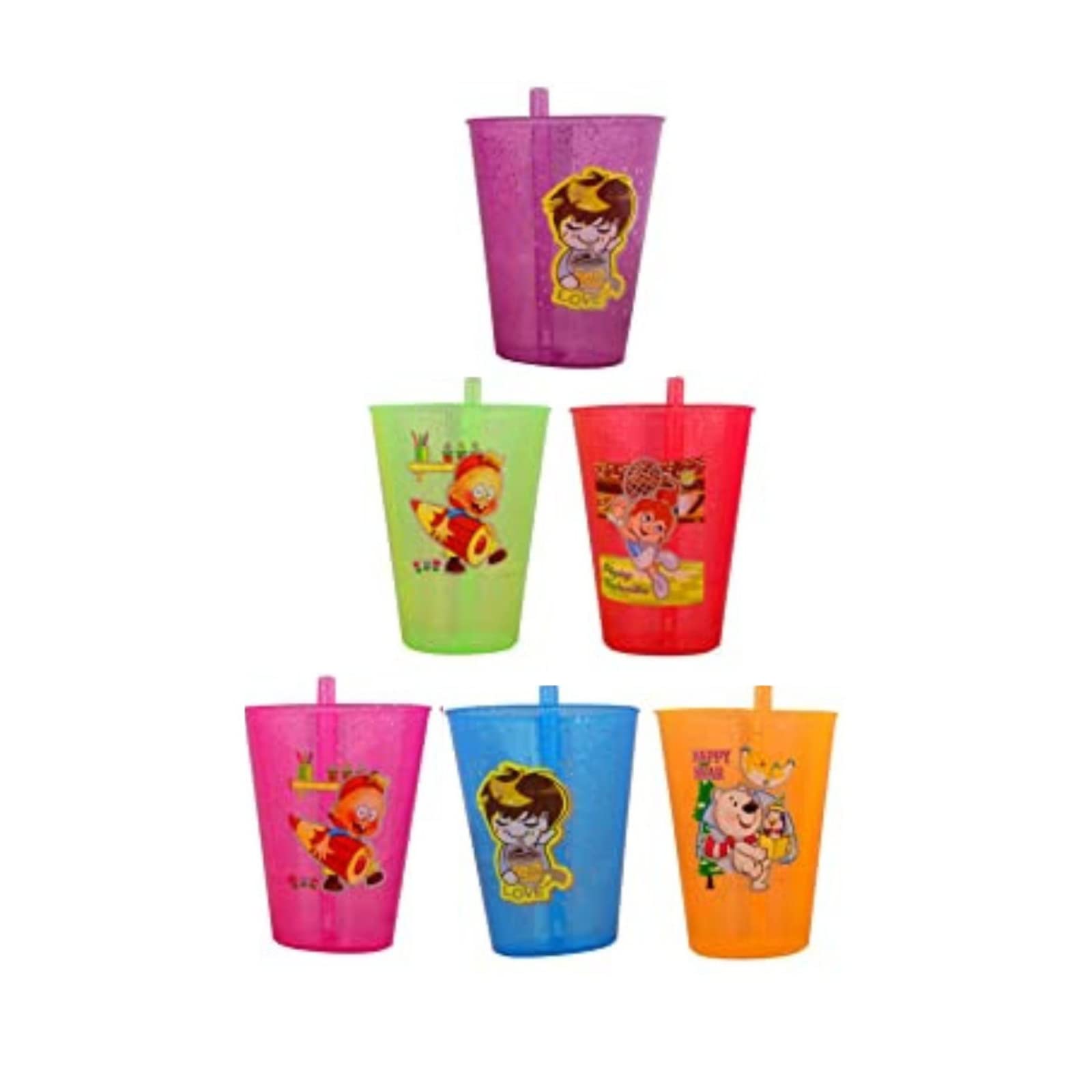 Tekzie Multicolor BPA Free Fun Cartoon Printed Bright Color Straw Sipper Glass for Toddler, Kids, Boys & Girls (Multicolor 6 Pcs)-image-39