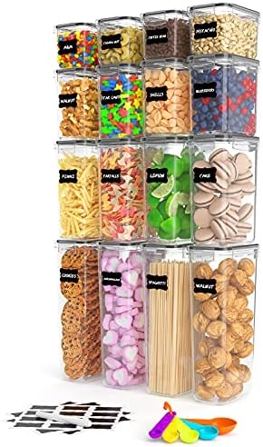 Tiawudi Airtight Food Storage Container Set, 16pcs Plastic Canisters with Durable Lids, Kitchen & Pantry Organization, Ideal for Spaghetti, Cereal, Flour & Sugar, with Chalkboard Labels and Spoon Set