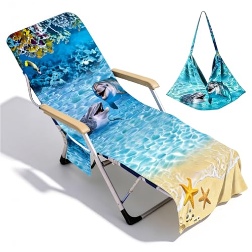 Fouvin Pokrowiec na leżak ogrodowy, z mikrofibry, frotte, szybkoschnący, z 2 kieszeniami, ręcznik plażowy na basen, plaże, hotele ogrodowe, 75 x 210 cm (delfin)