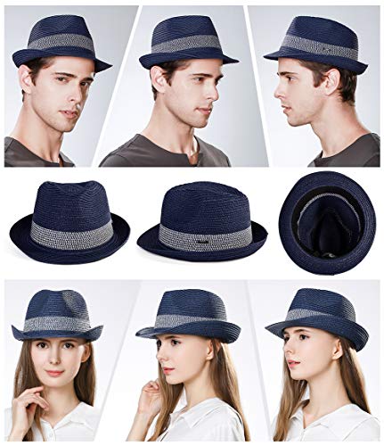 Image of Fancet Packable Straw Fedora Panama Sun Summer Beach Hat Cuban Trilby Men Women 56-67cm