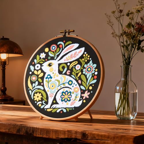 Image of Crafmanoe Embroidery Kits for Beginners Adults, Flowers Rabbit Embroidery Starter Kits, Counted Cross Stitch Kits for Beginners Adults Hobbies Set for Women, Embroidery Hoops, Thread & Video Tutorial