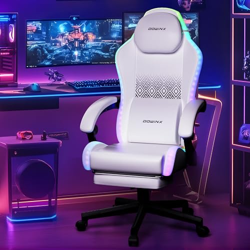 Dowinx Gaming Stuhl mit RGB Lichtern, LED Gaming Stuhl mit Fußstütze für Erwachsene, Ergonomischer Gaming Stuhl mit Massage Lendenwirbelstütze, Video Game Stuhl PU Leder Weiß Dowinx Gaming Stuhl mit RGB Lichtern, LED Gaming Stuhl mit Fußstütze für Erwachsene, Ergonomischer Gaming Stuhl mit Massage Lendenwirbelstütze, Video Game Stuhl PU Leder Weiß