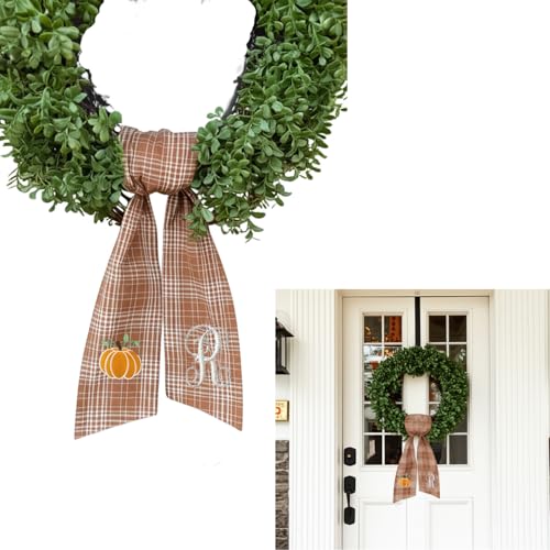 Autumn Door Wreath Sash Embroidered with White Letters and Pumpkins On A Plaid Wreath Sash Ideal for Housewarming Gifts Autumn Thanksgiving Halloween and Christmas Porch Decorations -R