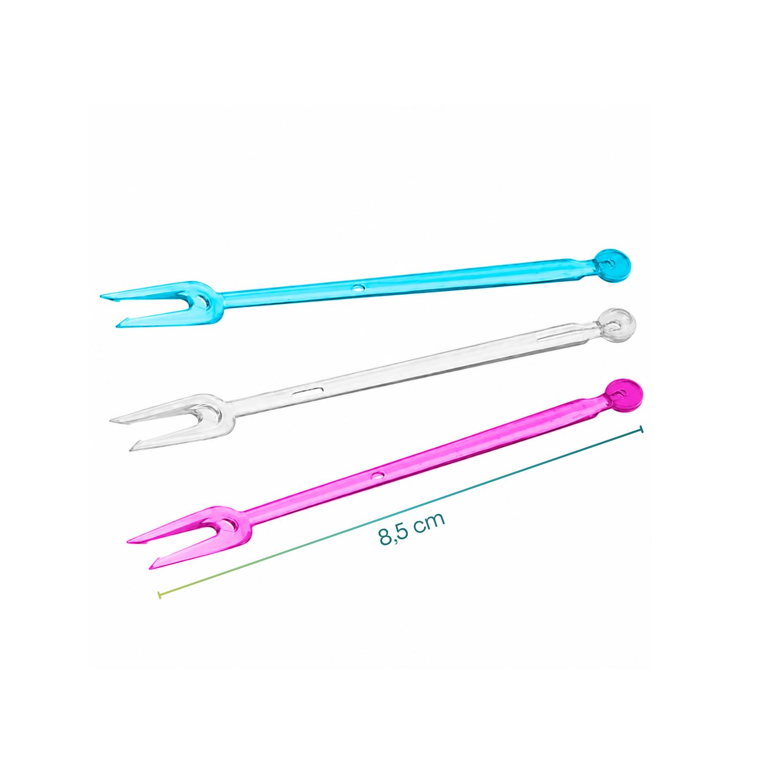 Paluplus 3000 Forchettine a 2 punte RIUTILIZZABILI, lunghezza 8,5 cm, forchette da Aperitivo per alimenti, Finger Food, Stuzzichini, colori misti Trasparente, Lilla e Celeste -NFC