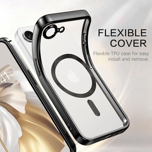 Image of VONZEE Electroplating Transparent Clear Logo Back Cover TPU Compatible with iPhone 17e Case /iPhone 16e Case, Compatible with Magsafe, Camera Protection for Each Lens for Men & Women(Black)