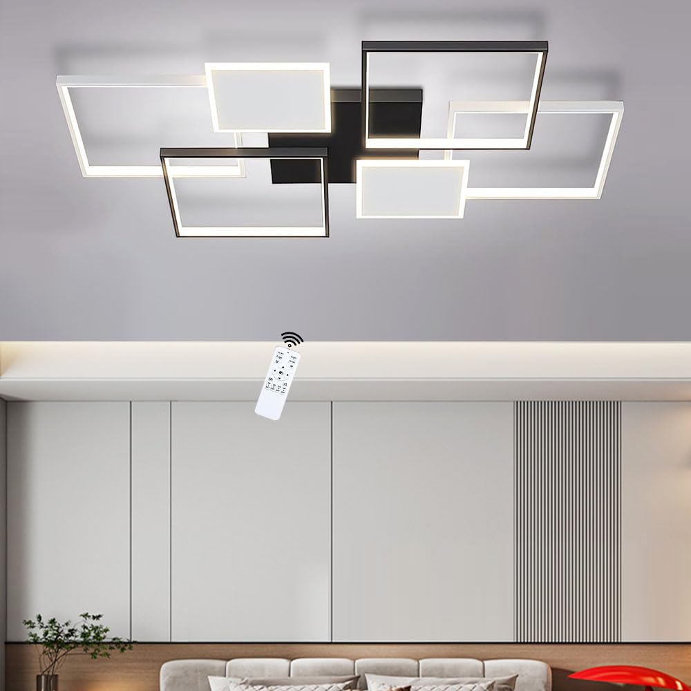 LIUYU Plafonnier LED Salon Dimmable Rectangulaire 110x70cm, 95W, 8100lm, Lustre LED Moderne avec Télécommande, Bicolore Noir/Blanc, pour Salle à Manger, Cuisine, Chambre, Bureau