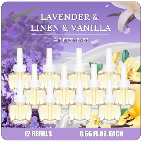 Plug In Air Freshener Refills Summer Scents Lavender Linen & Vanilla 12 Pack (7.92 Fl Oz) Compatible with Air Wick & Glade Scented Oil Refills for Home Bathroom Bedroom Kitchen & Office