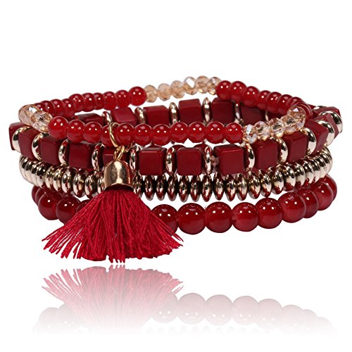 MINGHUA Multilayer Bohemian Beaded Bracelet Crystal Pendant Charm Stretch Beach Bangle Bracelet Set