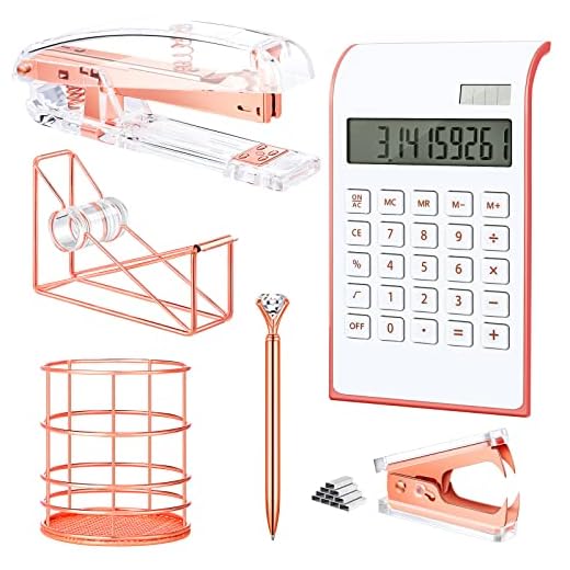 6 Set Desk Accessory Kit Rose Gold Office Stapler Set Include Cute Stapler, Tape Dispenser, Ballpoint Pen, Pen Holder, Stapler Remover, Staples, Calculator Valentine's Day Girls for Women Gifts