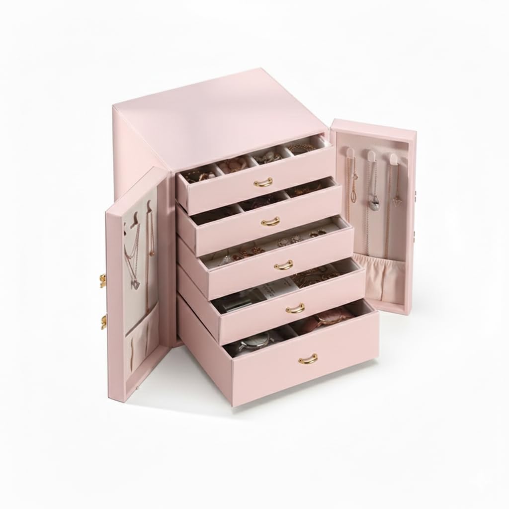 Schmuckkasten für Damen, 5 Ebenen, Leder, Rosa