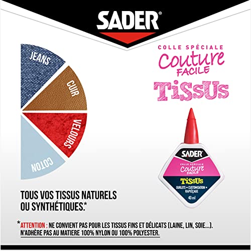 Sader Colle Spéciale Couture "Finis les Ourlets" – Colle Tissus et Textiles : Jeans, Cuir, Coton, etc – Ourlets, Customisation, Rapiéçage – Résiste aux Lavages – Flacon 40 ml