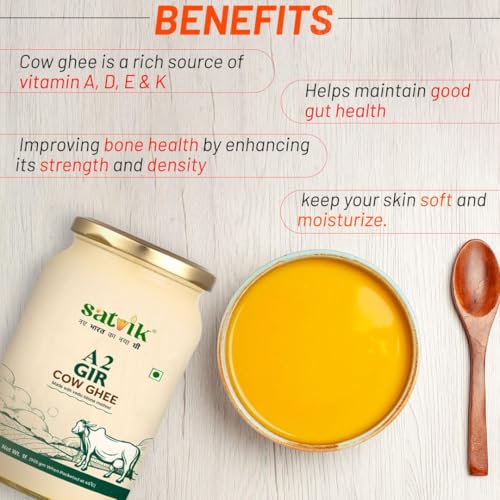 Image of SATVIK PURE GHEE A2 Gir Cow Ghee 1 Litre Churned From Vedic Bilona Method Bilona Ghee A2 Cow Desi Ghee (Pack of 5)