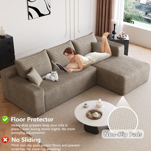 Image of 95 inch Modular Sectional Sofa, Modern Corduroy Cloud Couch with Side Pockets, Boneless Couch Upholstered 3-Seater L-Shaped Sofa for Living Room, No Assembly Required (Camel,Right-Facing Chaise)