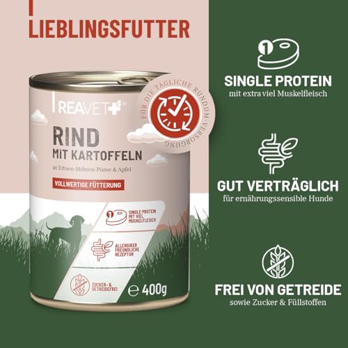 ReaVET Premium Hunde Nassfutter - Rind an Kartoffeln & Apfel 6 x 800g I mit hohem Fleischanteil & viel Muskelfleisch, Getreidefrei, Hundefutter nass, ohne Zucker