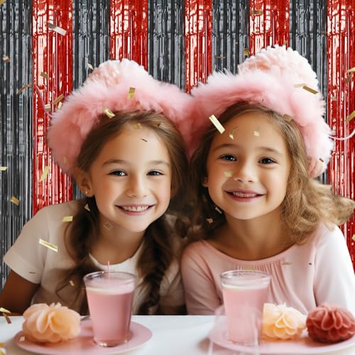 Image of DECOCKRAT 3 Pack Foil Fringe Backdrop - Red&Black Shiny Tinsel Curtains for Party Decoration /Photo Booth Props - 3.3x8.2 FT Metallic Foil Backdrop for Birthday, Wedding, Graduation, Christmas.