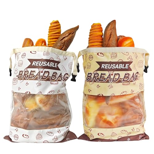 2-Pack Large Reusable Bread Bags for Sourdough & Homemade Bread, with Zipper, Window & Freezer Safe