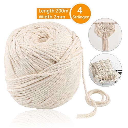 JTENG naturliches Baumwolle Garn,Baumwollgarn Basteln,baumwollkordel weiß,Kordel DIY Handwerk,makramee garn (200M-2mm)