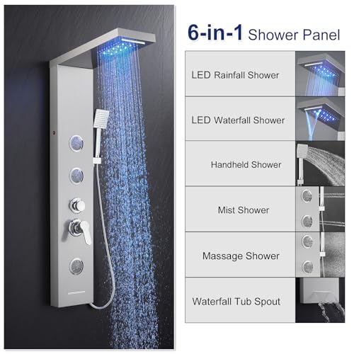 ROVATE LED Shower Panel Tower System with Rainfall Waterfall Shower, Shower Panels with Jets and Rainfall and Handheld, 5 in 1 Brushed Stainless Steel Shower Panel System High Pressure with Tub Spout by ROVATE - Image 2
