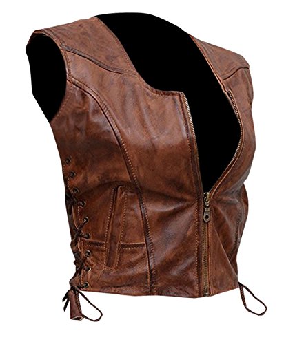 SpazeUp Womens Brown Biker Leather Vest - Brown Leather Motorcycle Vest for Women - Walking Cosplay Costume2