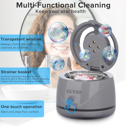 Image of Ultrasonic Retainer Cleaner, 180ML /45kHz Portable Ultrasonic Jewelry Cleaner, Quiet Operation Ultrasonic Cleaner Machine for Dentures,Aligners,Mouth Guards,Night Guards (Gray)