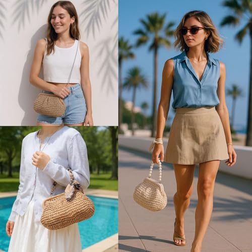 Straw Bag Clutch Purses for Women, Beach Woven Straw Crossbody Handbag with Pearl Chain, Dumpling Wicker Purse2