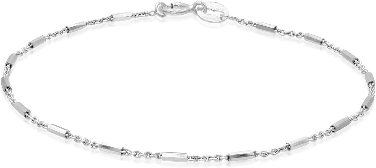 SEA OF ICE Sterling Silver 1mm Diamond-Cut Bar Station Rolo Chain Bracelet for women, Size 7.25"