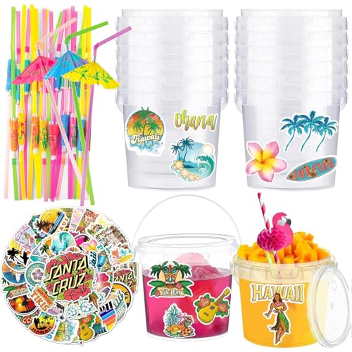 20 Sets 32 oz Ice Cream Buckets with Lids and Handles Clear Plastic Cocktail Rum Drink Buckets Reusable Food Storage Containers Ice Cream Tub for Parties
