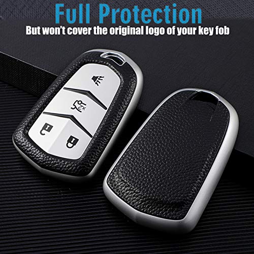 Ctrinews For Cadillac Key Fob Cover With Leather Keychain, Advanced Soft Tpu Surface Leather Grain Key Fob Case For 2015-2019 Cadillac Escalade Cts Srx Xt5 Ats Sts Ct6(Silver) #TOP3