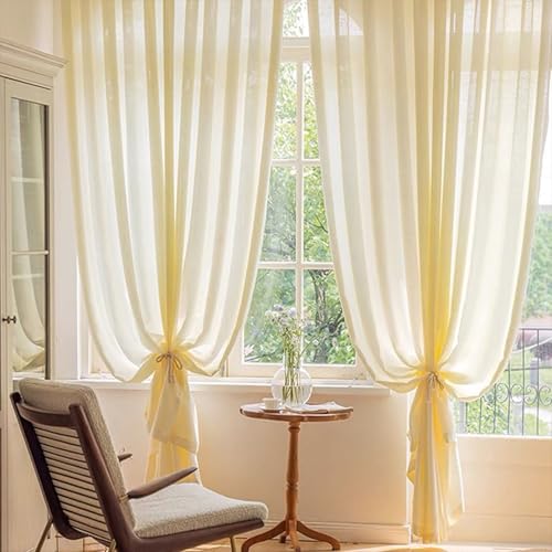Homxi Cortinas Ventana Semitranslucidas Dos Piezas,2 x 100W x 200H CM,Cortinas Ventana Habitación Color Sólido Beige Blanco Cortina Salon Ojales