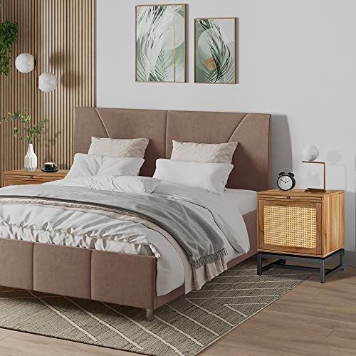 Awqm Hand Made Rattan Nightstand Set Of 2, Classic Wood Grain Pattern Sofa Table With Extra Tray, Mid Century Modern End Table With Storage Shelf For Bedroom, Entryway, Living Room, Home&Office #TOP1