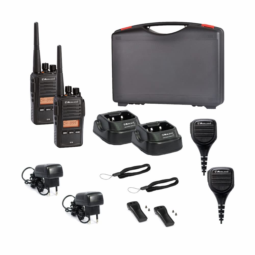 Midland G18 Pro, Two-Way-Funkgerät Walkie Talkie, 99 PMR446-Kanäle, Militärstandard Walkie Talkie, IP67-zertifiziert, Li-Ionen-Akku, Tischladegerät, Gürtelclip, schwarz