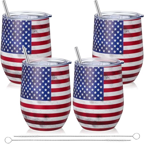 Geiserailie 4PCS American Flag Star Stripe Wine Tumbler with Lid Straw Brush 12oz 4th of July USA Patriotic Travel Mug Vacuum Insulated Stainless Steel Coffee Mug for Memorial Independence Day Veteran