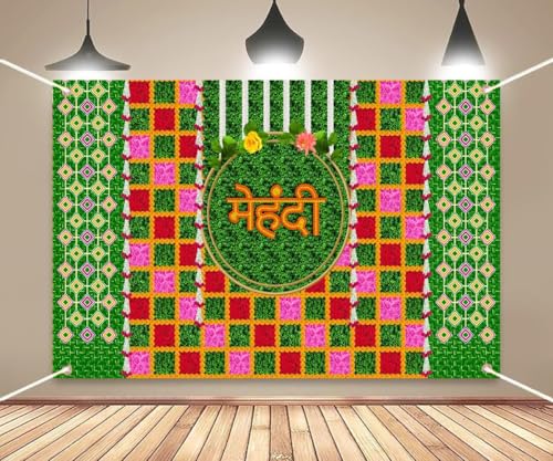 Image of DARSHANAM WORLD Wedding Decorative Cloth for Haldi & Mehndi Ceremony, Photoshoot, Haldi Background Enhancer for Mehndi Ceremony (8x5 ft, 3D Printed Backdrop with Floral & Logo Design) (Green & RED)