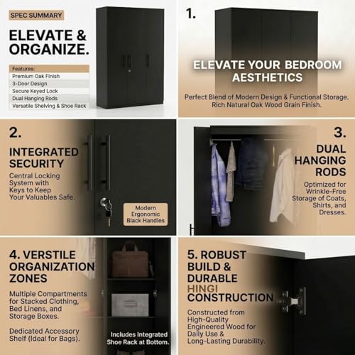 Image of FFO Kavisto 3 Door Wardrobe for Bedroom with Shelves, Hanging Space & Lock, Wooden Clothes Organizer Almirah for Home, Office & Kids Room Black DIY.