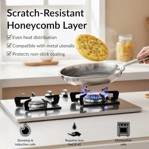 Image of Nestasia Triply Stainless Steel Honeycomb Fry Pan with Glass Lid 26 cm (2L) - Non Stick Frying Pan with Air Vent Lid for Healthy Cooking | Induction & Gas Stove Friendly, Even Heating, Less Oil Use