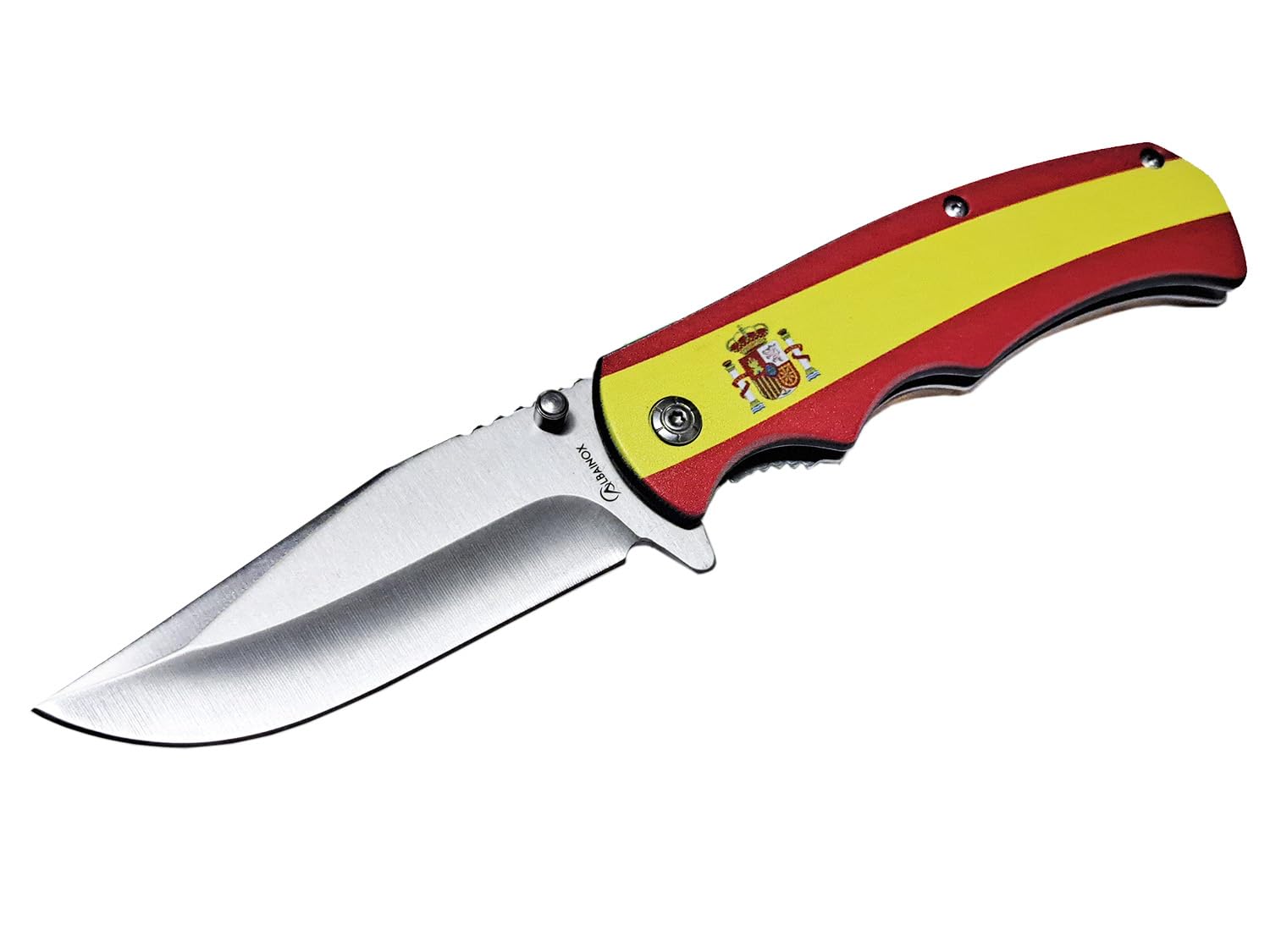 Tiendas LGP, Albainox - Navaja Bandera de España, con Hoja de Acero Vanadio 3Cr13Mov de 8,8 cm, Plegable, Mango de ABS diseño Bandera de España y Madera natural por detrás. 18257+3D018