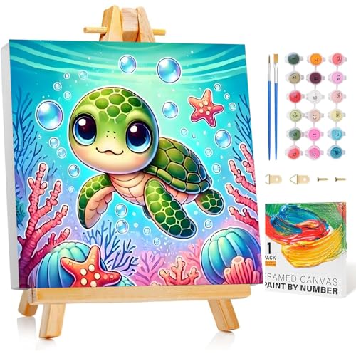 Malen Nach Zahlen Kinder mit Rahmen und Holzstaffelei- Meeresschildkröte Malen Nach Zahlen ab 5 6 7 8 9 10 Jahre Mädchen Diy Acrylfarbe Paint by Numbers Tiere für Anfänger für Home Décor(20x20cm)