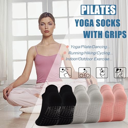 Image of HYCLES Grips Pilates Socks for Women Yoga Non-Slip Socks Barre Workout Gym Hospital Sticky Slipper Socks 3 Pairs