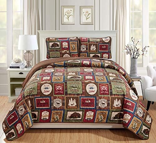 Rugs 4 Less Southwestern Great Outdoors Wilderness Cabin Lodge and Lakehouse 3-Piece Quilt Bedding Set with Plaid Patterns and Outdoor Destination Signs Quilted Bedspread (King/Cal-King - Lodge)