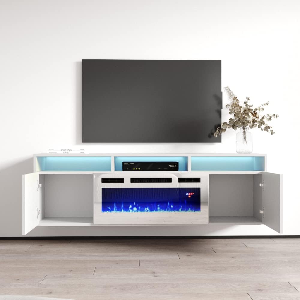 Meble Furniture Giza WH-EF 63'' Floating Electric Fireplace TV Stand — High Gloss Fronts with Matte Body — Fits TVs up to 70" — White, 63" W x 16" D x 22" H