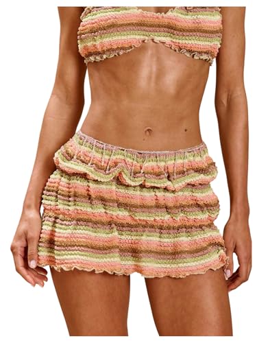 MakeMeChic Women's Summer Mini Knit Skirt Striped Elastic Waist Vacation Boho Short Skirts