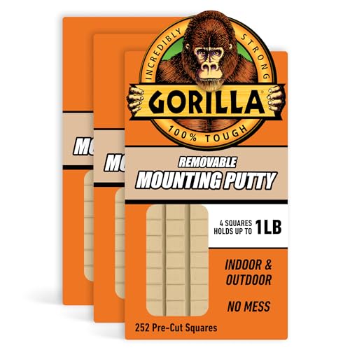 Gorilla Mounting Putty, Natural Tan Color, 84 Pre-Cut Squares (Pack of 3) - Non-Toxic Removable & Repositionable Wall Putty