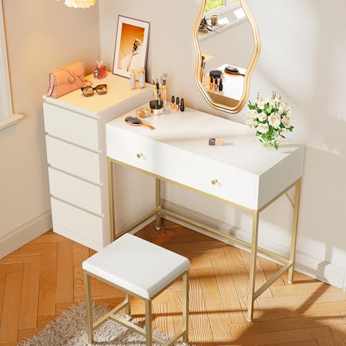 Image of SUPERJARE 31.5 inch White and Gold Desk with 2 Drawers, Modern Makeup Vanity