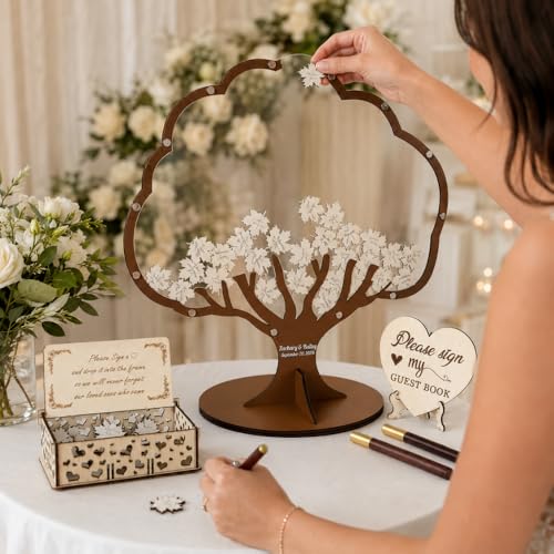Image of Personalized Maple Tree Wedding Guest Book Alternative, Fall Leaf Drop Box | Personalized rustic fall wedding drop top box, wooden tree guest book alternative sign, unique bridal shower keepsake gift
