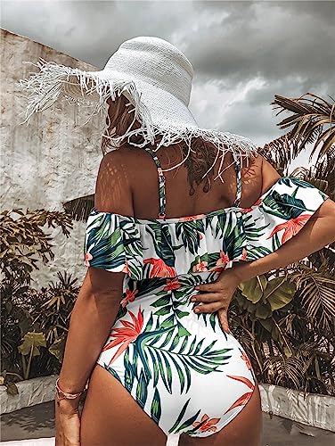 Women's One Piece Off Shoulder Vintage Swimsuits Floral Print Ruffle Bathing Suits Beachwear Tummy Control Swimwear2