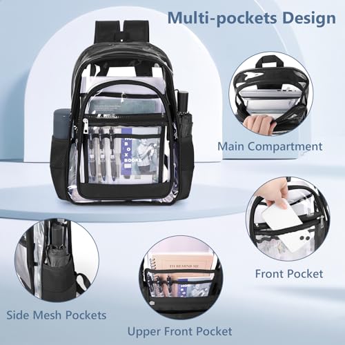 Clear Backpack, Clear Bookbag Large Casual Backpacks Heavy Duty PVC Transparent Backpacks with Multi-pockets See Through Backpack for School College Concert Work Travel, Black2