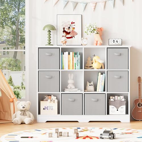 Image of 12 Cube Storage Organizer Shelf, Wood Cubby Storage with 6 Fabric Drawers, 3 Tier Wooden Bookshelf with 2 Adjustable Shelves & Fluted Side Panels for Bedroom, Living Room, Home Office, Whtie