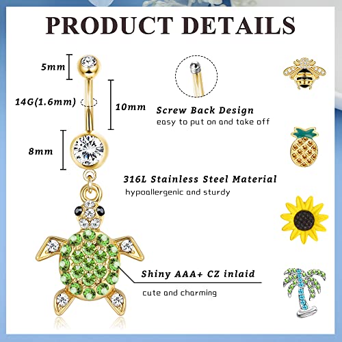 Jerywe 10Pcs 14G Dangle Belly Button Rings For Women Surgical Steel Cute Navel Rings Bee Pineapple Sunflower Turtle Butterfly Colorful Barbell Cz Body Piercing Jewelry Gift #TOP1