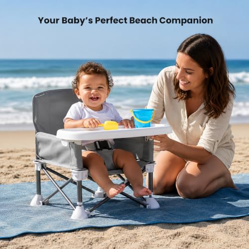 Image of Portable Foldable Baby Dining Chair for Babies & Toddlers | Foldable Travel High Chair with Removable Tray, Safety Harness & Carry Bag | Lightweight Feeding Seat | Grey
